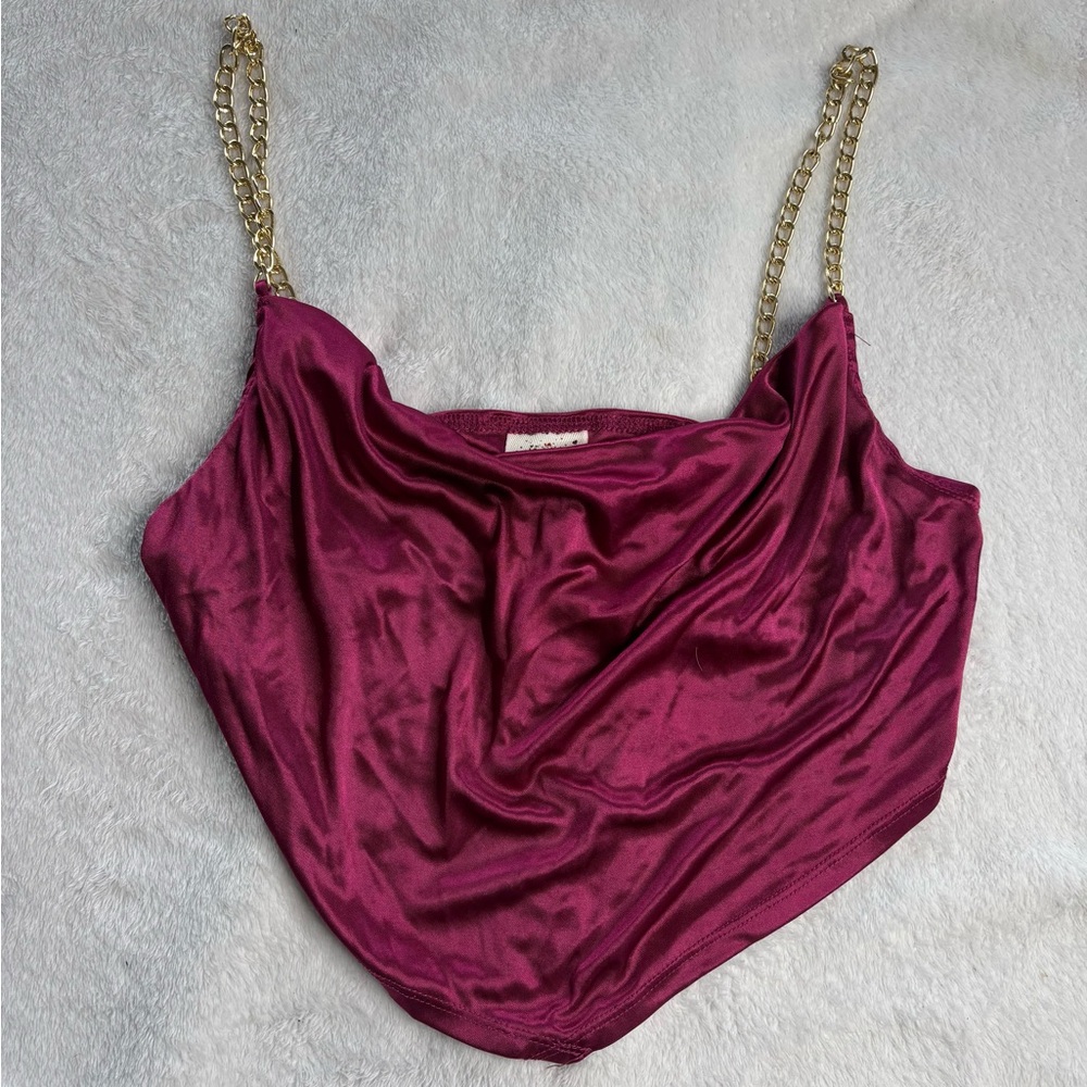 Self Esteem Burgundy Satin Camisole with Gold Chain Straps